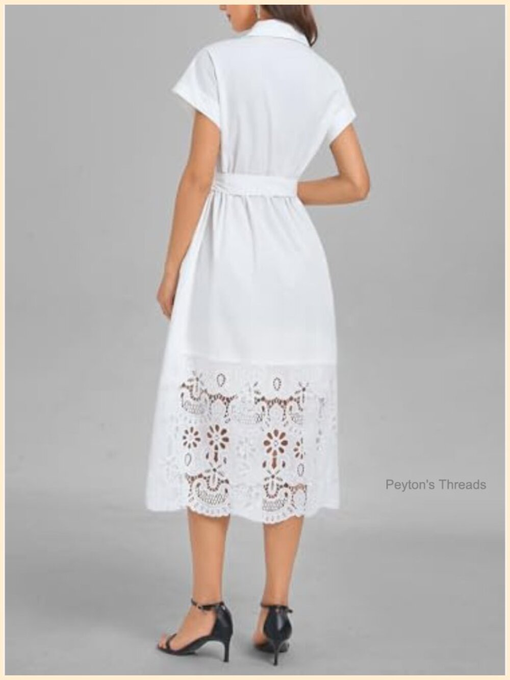 Button Down Shirt Dress Belted Short Sleeve Midi A-Line Business Dress - Picture 3 of 7